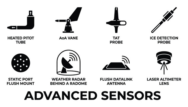 Aircraft advanced sensors and probes icons for flight data collection and weather monitoring.
