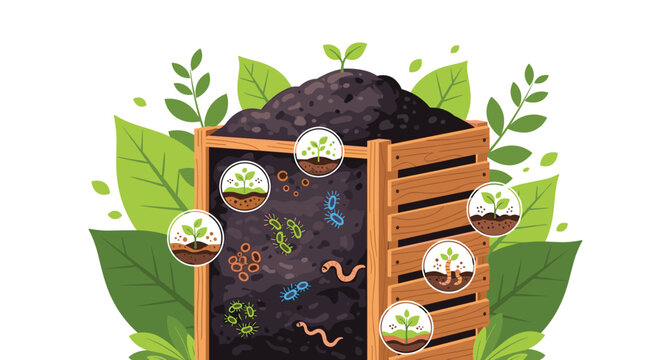 Compost bin with organic waste soil worms and microorganisms vector illustration of a wooden composting container with plants bacteria and earthworms representing sustainable gardening and recycling 
