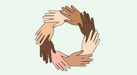 Obraz premium Diverse hands forming a circle representing unity teamwork and community flat vector illustration, Generative AI.