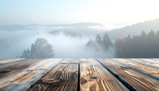 Wooden deck overlooking foggy mountain landscape.