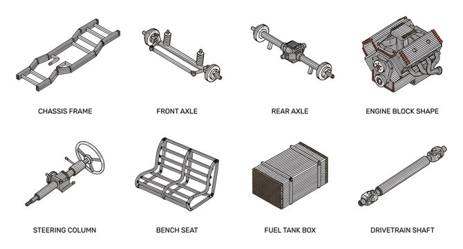 Automotive vehicle chassis parts set with engine frame axles steering column seat and fuel tank units.