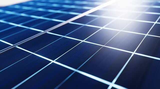 Blue photovoltaic cells arranged in precise grid pattern absorb intense sunlight to generate clean electricity for residential and commercial use reducing carbon emissions worldwide