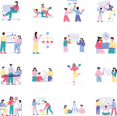 Fototapeta premium Workflow and productivity illustrations showing project planning, task management, scheduling, remote work, coordination, efficiency, strategy, time tracking, business processes, flat illustration, ve