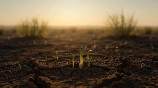 Parched Earth at Sunset, Cracked Dry Ground with Sparse Grass, Arid Landscape