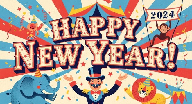 Happy New Year 2024 circus celebration with animals