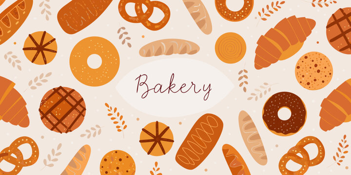 bakery seamless pattern with bread and pastry illustrations