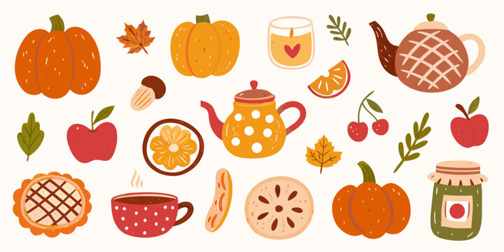 autumn still life illustration with pumpkins apples and tea