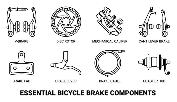 Essential bicycle brake components set including calipers rotors levers cables and coaster hub icons.