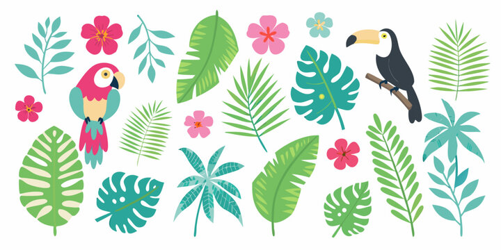 tropical leaves flowers and birds illustration on white background
