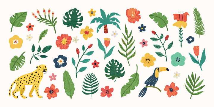 tropical floral and fauna illustration with jaguar and toucan