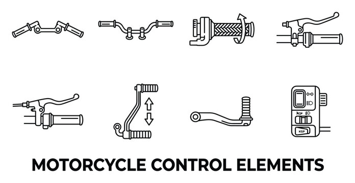 Motorcycle control elements handlebar throttle grip levers switches and buttons line art.