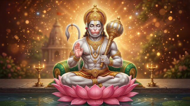 Lord hanuman sitting in meditation on a lotus flower with golden aura