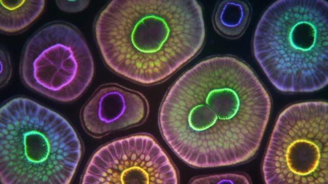 Abstract microscopic cell division, vibrant pulsating organic forms with glowing neon outlines in a dark void, symbolizing growth, biology, and cellular activity