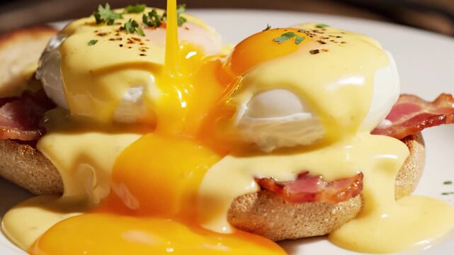 Decadent Eggs Benedict with Flowing Yolk and Hollandaise Sauce