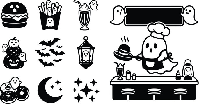Halloween icons, ghost chef, black and white vector graphics, food illustrations