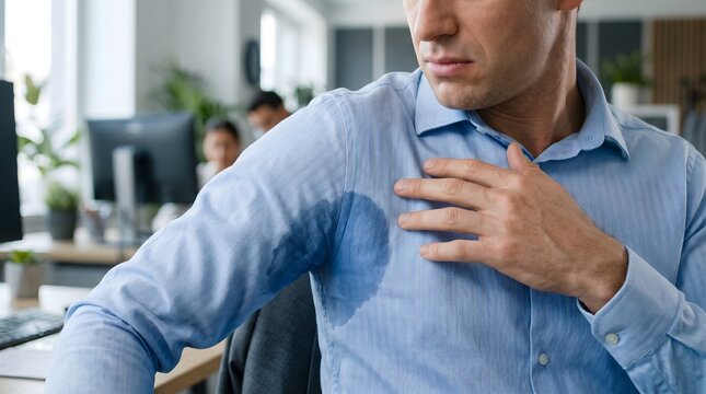 Man feeling uncomfortable due to excessive sweating on his shirt during a hot day in the office