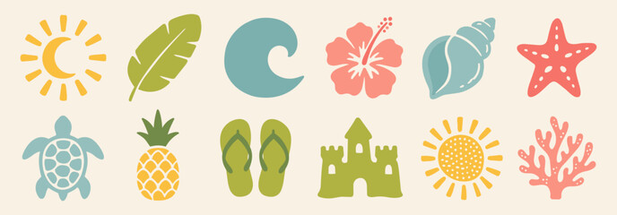 Summer boho tropical elements set featuring hand drawn beach icons like a sun, pineapple, sea turtle, wave, and coral. Vector icons set for holiday graphic designs. © Topuria Design