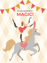Retro style circus advertisement featuring a graceful female rider performing a stunt on a galloping grey horse. The design includes decorative bunting flags and the motivational text Unforgettable Ma © Elena