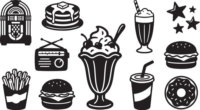 Retro fast food, diner icons, black and white, vector graphics