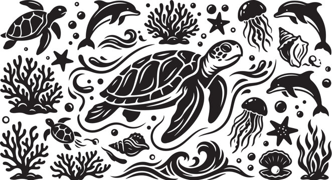 Black sea turtle, ocean creatures, marine life, vector icons