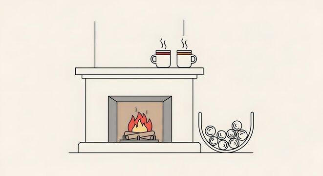 Minimalist Illustration of Cozy Fireplace with Two Coffee Mugs and Firewood in Basket