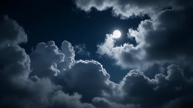 Cinematic full moon in night sky with dramatic slow moving clouds
