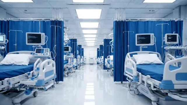 Modern hospital intensive care unit ward with rows of medical beds monitoring technology and blue privacy curtains during slow camera dolly motion sequence.