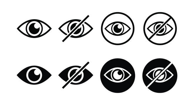 Eye icon set representing visibility, hidden content, and interface toggles in outline, solid, and circular styles