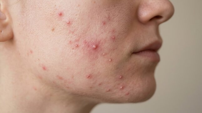 Close-up of Facial Skin with Severe Acne Breakouts, Inflamed Pimples, and Whiteheads on Cheek and Jawline, Illustrating Skin Problems and Dermatology