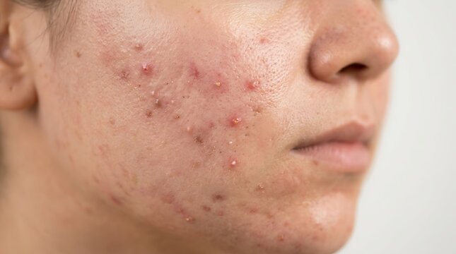 Close-up of severe acne vulgaris on a person's cheek, showing inflamed pimples, blemishes, and textured skin, highlighting dermatological concerns