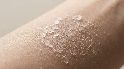 Fototapeta premium Close-up of Dry, Flaky, Peeling Human Skin on Arm, Illustrating Dermatological Conditions Like Sunburn or Eczema