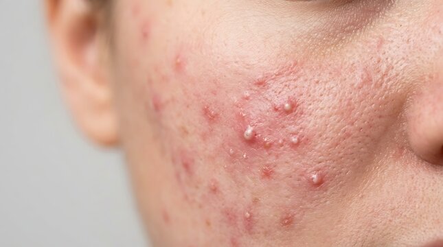 Close-up of Severe Acne Vulgaris on Human Facial Skin, Showing Inflamed Pimples and Pustules