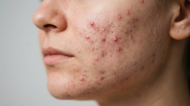 Unfiltered Close-up of a Person's Face with Severe Acne, Red Inflamed Pimples, and Skin Blemishes on Cheek and Jawline