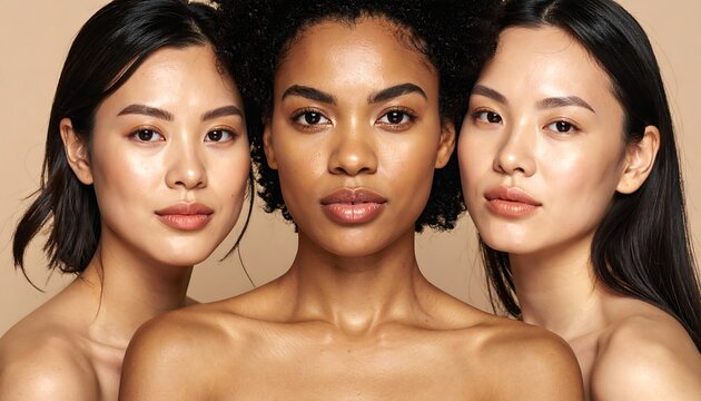Three women with different skin tones and hairstyles posing together