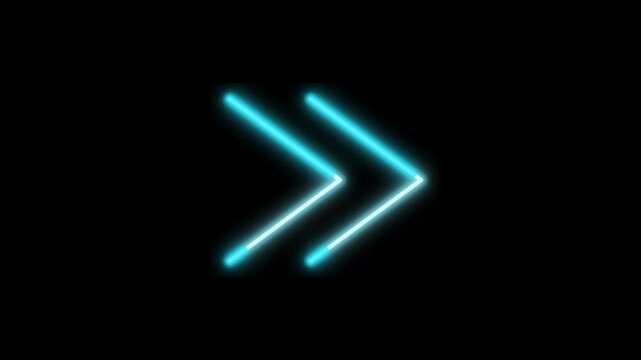 Motion graphics of a glowing blue neon double chevron arrow pointing right for navigation and progress indicators in digital content