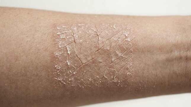 Close-up of severely dry, flaky, and cracked skin on a human forearm, displaying a distinct square patch of skin condition or irritation