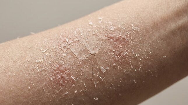 Close-up of human arm with peeling, dry, and irritated skin, showing signs of severe sunburn, eczema, or a dermatological condition