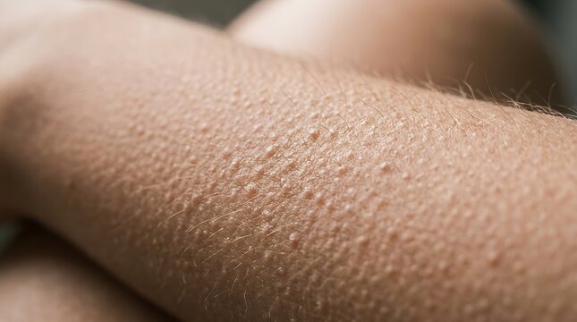 Close-up of Human Arm with Goosebumps: Piloerection on Pale Skin, Caused by Cold, Fear, or Strong Emotion, Detailed Texture of Skin Reaction