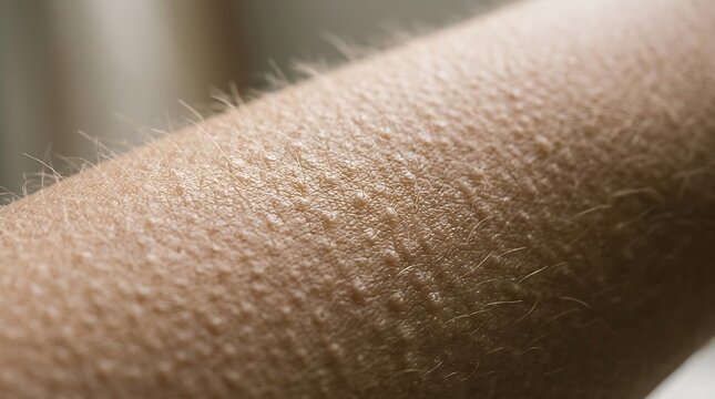 Close-up of Human Skin with Goosebumps: Detailed Texture of Raised Hair Follicles on an Arm, Indicating Cold, Fear, or Strong Emotion