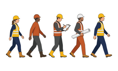 Obraz premium Construction Workers Team Walking Together on White Background