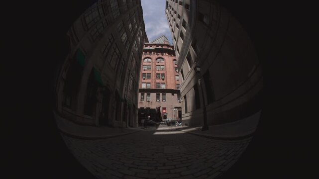 Fish-Eye shot of an alley in New York city's Financial District