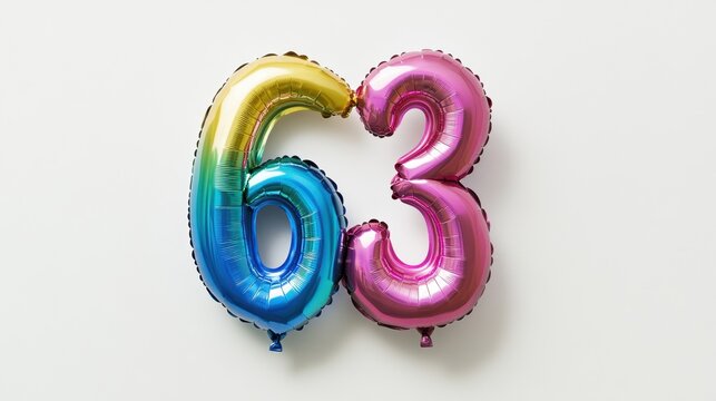 Colorful Number 63 Balloon Celebration on White Background