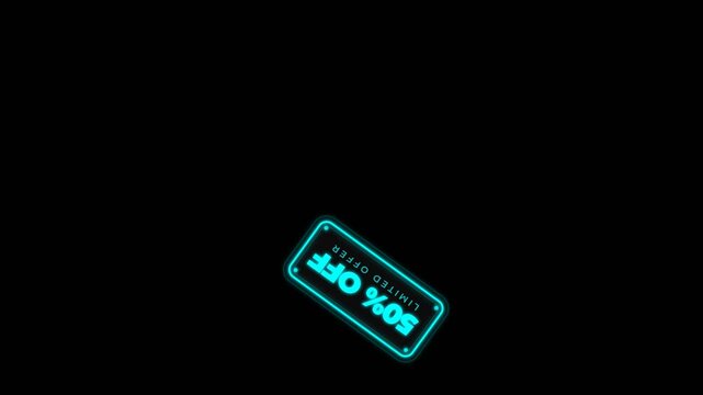 Neon 50 Percent Off Sale Signs Floating on Black Background