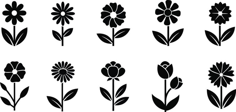 Collection of ten black silhouette flower with stems and leaves on a white background