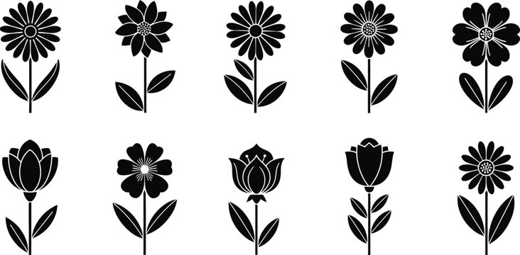 Collection of ten black silhouette flower with stems and leaves on a white background