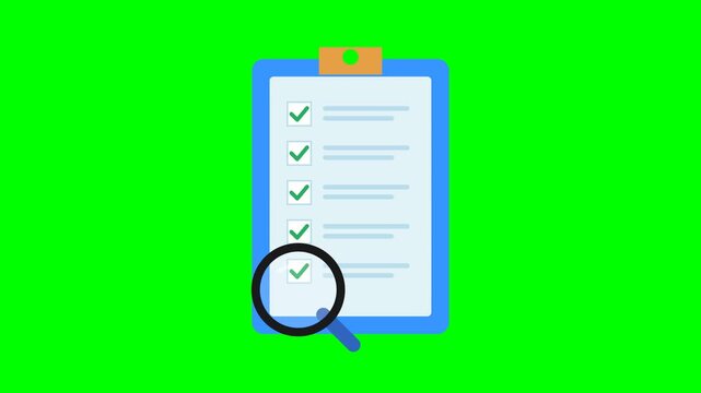 Animation of a checklist on a blue clipboard with green checkmarks appearing and a magnifying glass for video editing on a green screen background