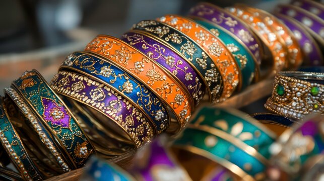 A close-up of colorful bangles with intricate designs on display in a market.