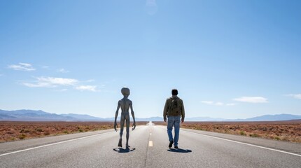 Obraz premium Alien and Human Standing on Desert Road Under Blue Sky.