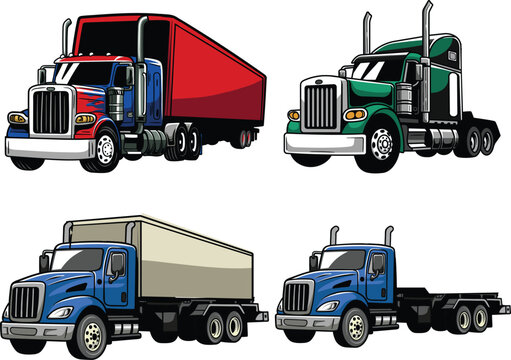 Detailed hand-drawn illustration of a blue semi-truck chassis and a container box truck for regional freight distribution