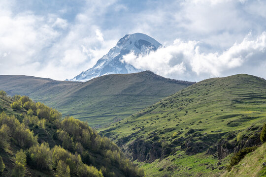 The alpine grassland scenery of the Caucasus Mountains in Georgia

